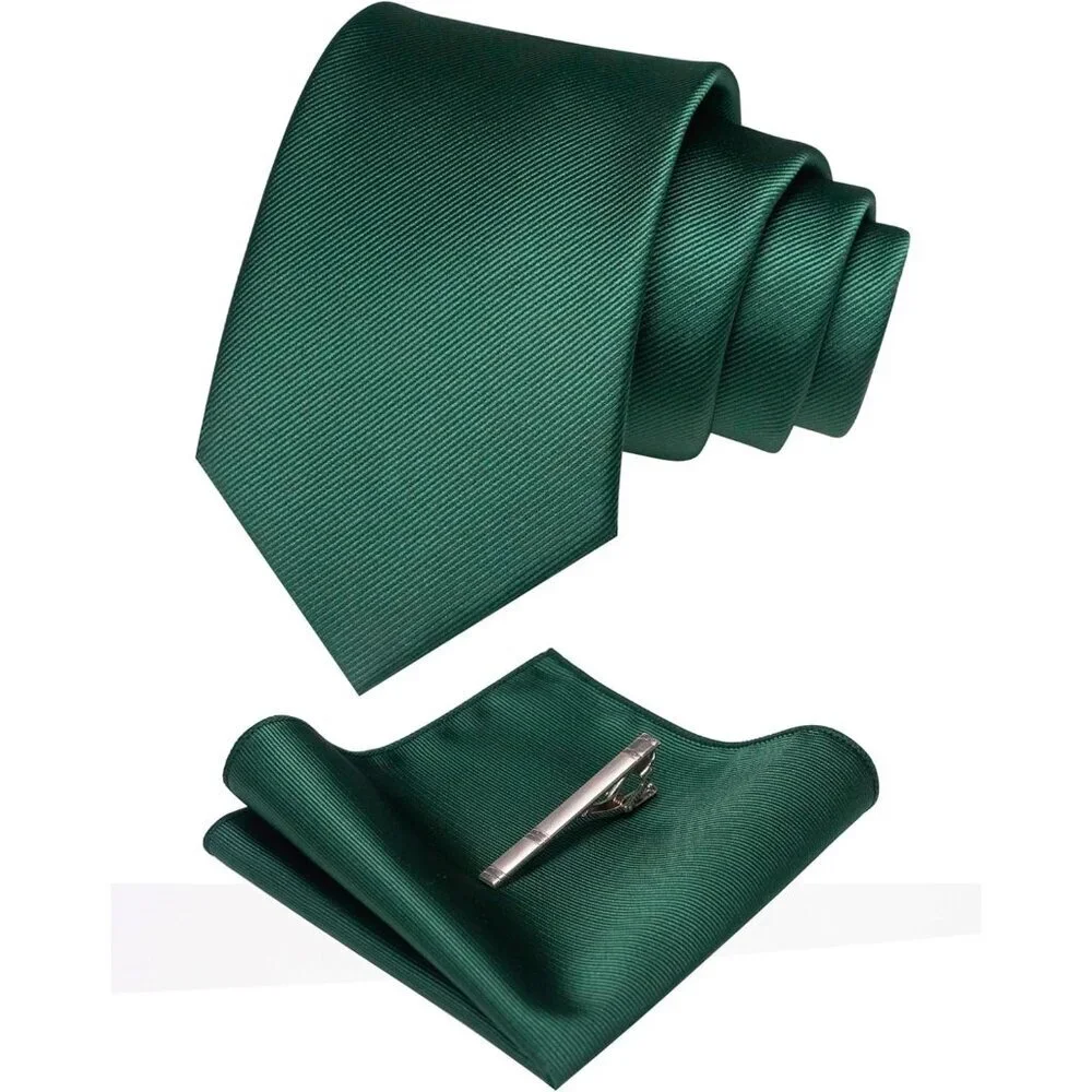 Men's Dark Green Colour Formal Necktie and Pocket Square Tie Clip Sets